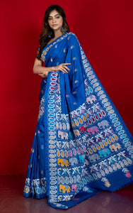 Hand Embroidery Blended Silk Kantha Work Saree in Medium Teal Blue and Multicolored Thread Work