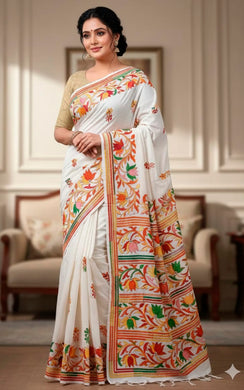 Hand Embroidery Blended Silk Kantha Work Saree in Off White, Red, Orange and Multicolored Thread Work