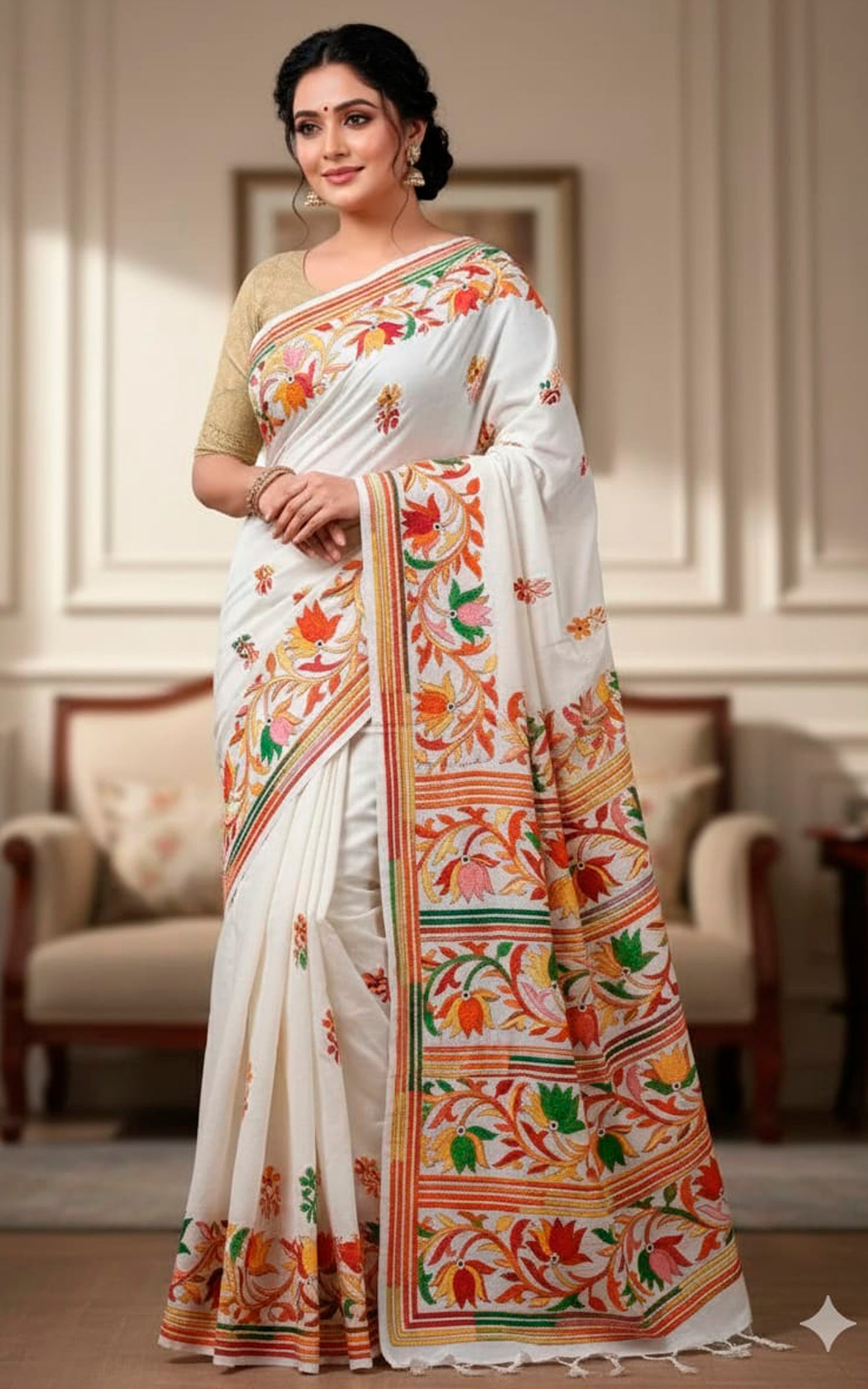 Hand Embroidery Blended Silk Kantha Work Saree in Off White, Red, Orange and Multicolored Thread Work