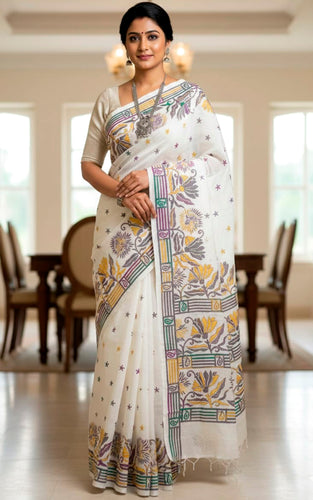 Hand Embroidery Blended Silk Kantha Work Saree in White, Purple, Grey, Sea Green and Yellow Thread Work