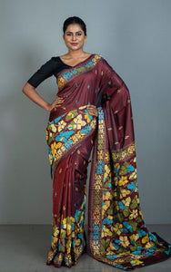 Hand Embroidery Blended Silk Kantha Work Saree in Garnet, Yellow, Off White, Blue and Green Thread Work