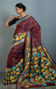 Hand Embroidery Blended Silk Kantha Work Saree in Garnet, Yellow, Off White, Blue and Green Thread Work