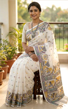 Hand Embroidery Blended Silk Kantha Work Saree in White, Purple, Grey, Sea Green and Yellow Thread Work