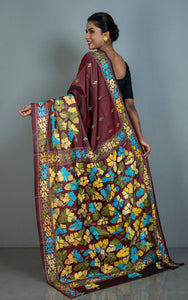 Hand Embroidery Blended Silk Kantha Work Saree in Garnet, Yellow, Off White, Blue and Green Thread Work