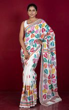 Hand Embroidery Blended Silk Kantha Work Saree in White and Multicolored Thread Work