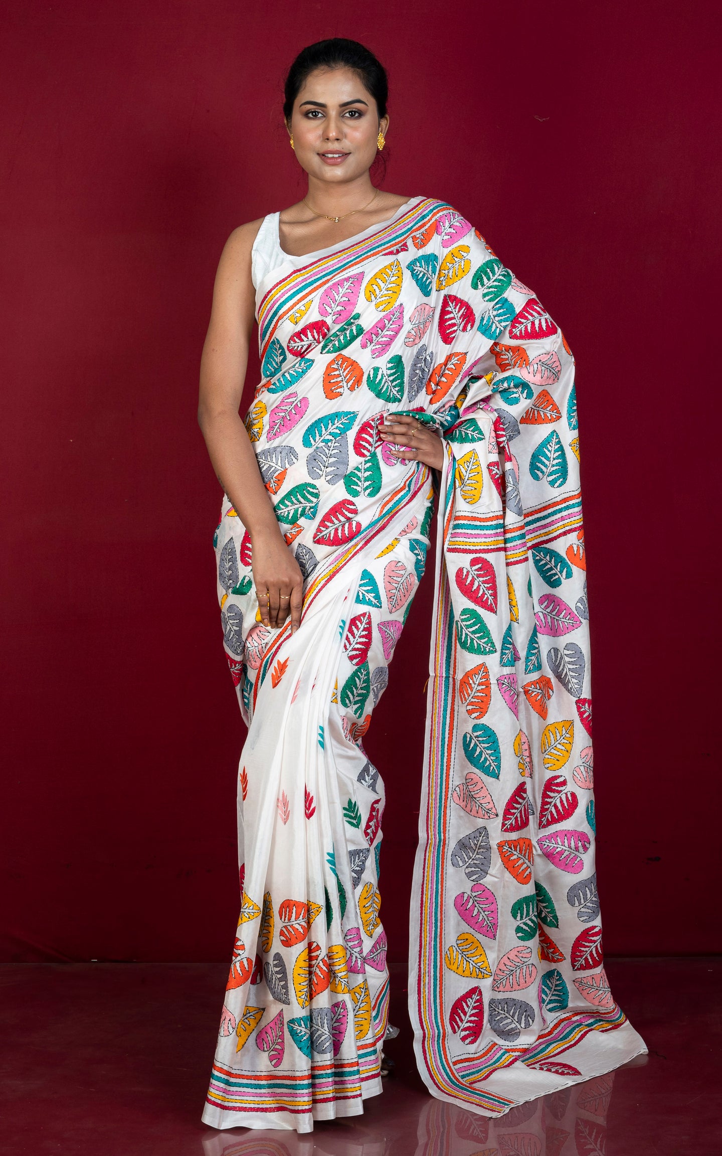 Hand Embroidery Blended Silk Kantha Work Saree in White and Multicolored Thread Work