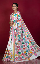 Hand Embroidery Blended Silk Kantha Work Saree in White and Multicolored Thread Work