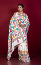 Hand Embroidery Blended Silk Kantha Work Saree in White and Multicolored Thread Work