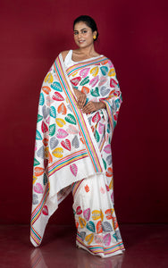 Hand Embroidery Blended Silk Kantha Work Saree in White and Multicolored Thread Work