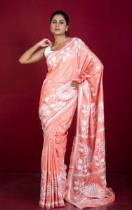 Hand Embroidery Blended Silk Kantha Work Saree in Pastel Orange and Off White Thread Work