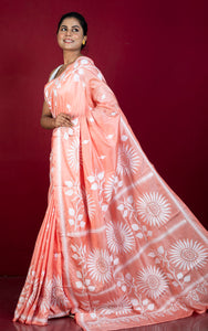 Hand Embroidery Blended Silk Kantha Work Saree in Pastel Orange and Off White Thread Work