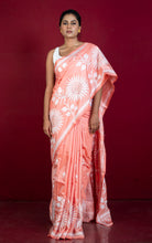 Hand Embroidery Blended Silk Kantha Work Saree in Pastel Orange and Off White Thread Work