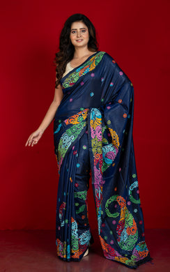 Hand Embroidery Blended Silk Kantha Work Saree in Midnight Blue and Multicolored Thread Work