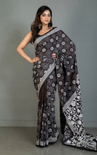 Hand Embroidery Blended Silk Kantha Work Saree in Soot Black and Off White Thread Work
