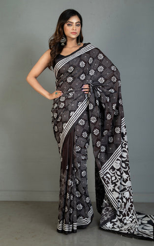 Hand Embroidery Blended Silk Kantha Work Saree in Soot Black and Off White Thread Work