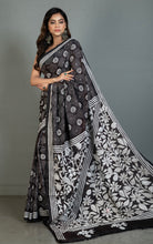 Hand Embroidery Blended Silk Kantha Work Saree in Soot Black and Off White Thread Work