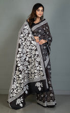 Hand Embroidery Blended Silk Kantha Work Saree in Soot Black and Off White Thread Work