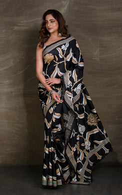 Hand Embroidery Blended Silk Kantha Work Saree in Black, Beige and Off White Thread Work