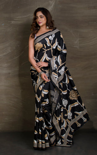 Hand Embroidery Blended Silk Kantha Work Saree in Black, Beige and Off White Thread Work