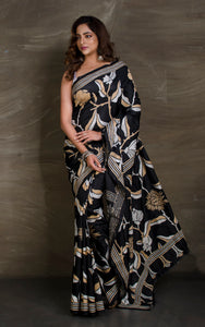 Hand Embroidery Blended Silk Kantha Work Saree in Black, Beige and Off White Thread Work