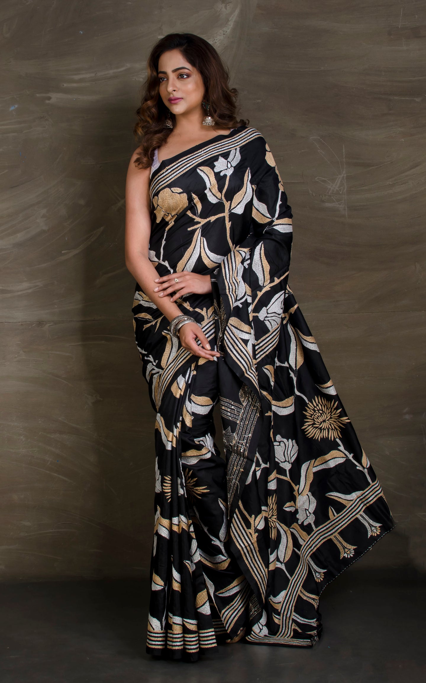 Hand Embroidery Blended Silk Kantha Work Saree in Black, Beige and Off White Thread Work