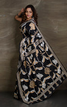 Hand Embroidery Blended Silk Kantha Work Saree in Black, Beige and Off White Thread Work