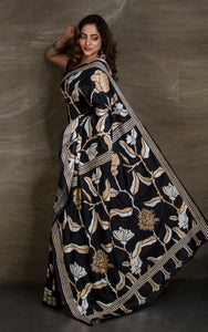 Hand Embroidery Blended Silk Kantha Work Saree in Black, Beige and Off White Thread Work