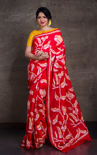 Hand Embroidery Blended Silk Kantha Work Saree in Red, Beige and Off White Thread Work