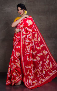 Hand Embroidery Blended Silk Kantha Work Saree in Red, Beige and Off White Thread Work