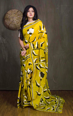 Hand Embroidery Blended Silk Kantha Work Saree in Bright Yellow, Black and Off White Thread Work
