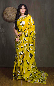 Hand Embroidery Blended Silk Kantha Work Saree in Bright Yellow, Black and Off White Thread Work
