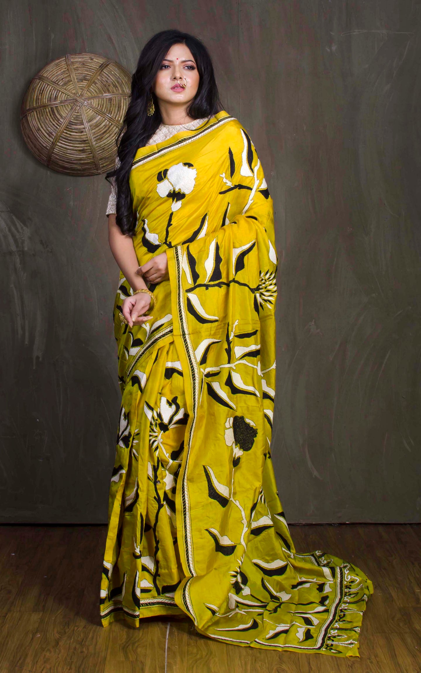 Hand Embroidery Blended Silk Kantha Work Saree in Bright Yellow, Black and Off White Thread Work