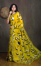 Hand Embroidery Blended Silk Kantha Work Saree in Bright Yellow, Black and Off White Thread Work