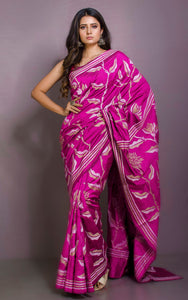 Hand Embroidery Blended Silk Kantha Work Saree in Royal Fuchsia, Warm Beige and Off White Thread Work