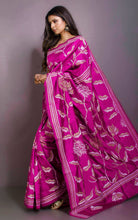 Hand Embroidery Blended Silk Kantha Work Saree in Royal Fuchsia, Warm Beige and Off White Thread Work