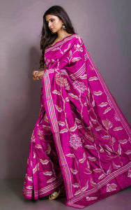 Hand Embroidery Blended Silk Kantha Work Saree in Royal Fuchsia, Warm Beige and Off White Thread Work