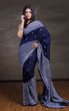 Hand Embroidery Blended Silk Kantha Work Saree in Prussian Blue and Off White Thread Work