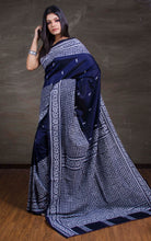 Hand Embroidery Blended Silk Kantha Work Saree in Prussian Blue and Off White Thread Work