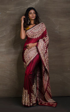 Hand Embroidery Blended Silk Kantha Work Saree in Dark Scarlet and Off White Thread Work