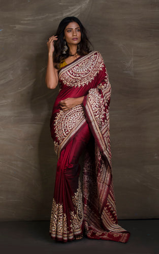 Hand Embroidery Blended Silk Kantha Work Saree in Dark Scarlet and Off White Thread Work