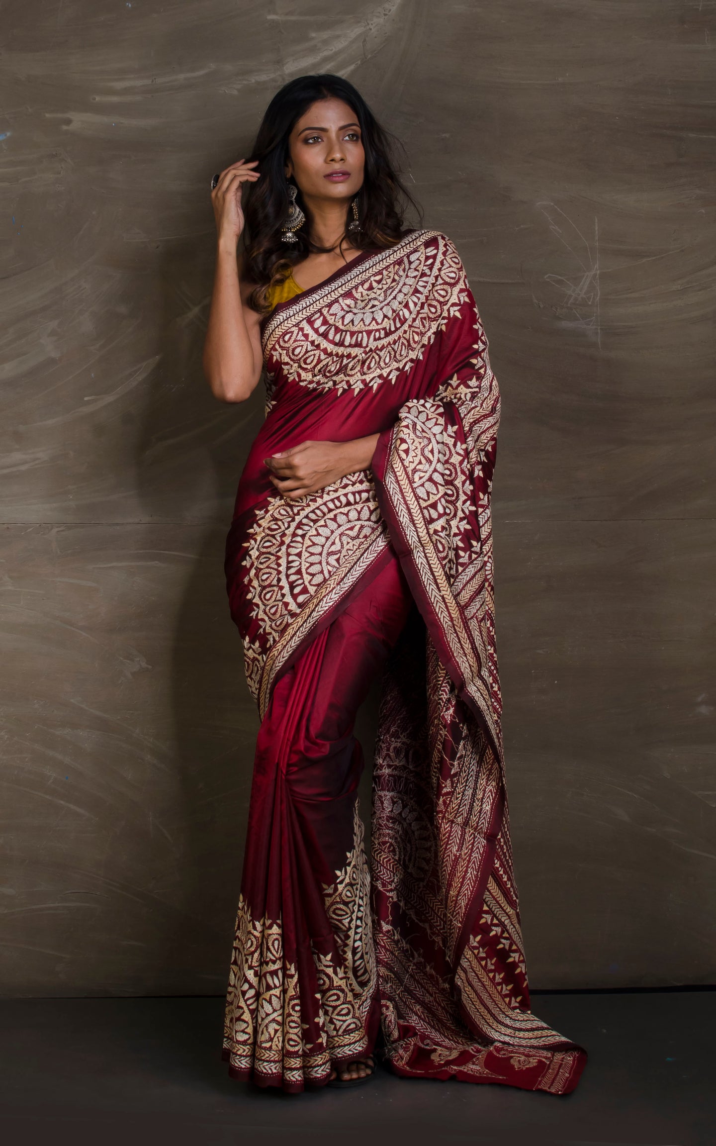 Hand Embroidery Blended Silk Kantha Work Saree in Dark Scarlet and Off White Thread Work