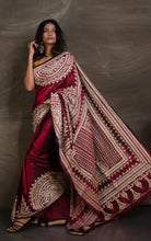 Hand Embroidery Blended Silk Kantha Work Saree in Dark Scarlet and Off White Thread Work