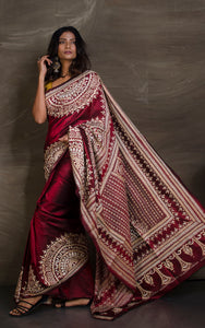 Hand Embroidery Blended Silk Kantha Work Saree in Dark Scarlet and Off White Thread Work