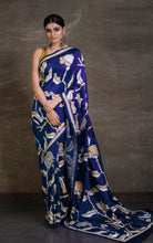 Hand Embroidery Blended Silk Kantha Work Saree in Royal Blue, Beige and Off White Thread Work