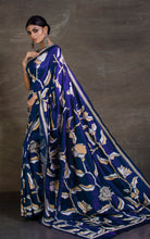 Hand Embroidery Blended Silk Kantha Work Saree in Royal Blue, Beige and Off White Thread Work