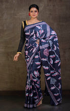 Hand Embroidery Blended Silk Kantha Work Saree in Dusky Blue, Dull Pink and Off White Thread Work