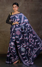 Hand Embroidery Blended Silk Kantha Work Saree in Dusky Blue, Dull Pink and Off White Thread Work