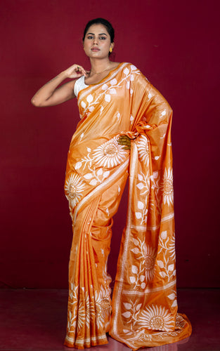 Hand Embroidery Blended Silk Kantha Work Saree in Brandy Punch and Off White Thread Work