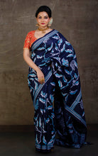 Hand Embroidery Blended Silk Kantha Work Saree in Navy Blue, Off White and Sky Blue Thread Work