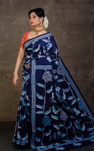 Hand Embroidery Blended Silk Kantha Work Saree in Navy Blue, Off White and Sky Blue Thread Work